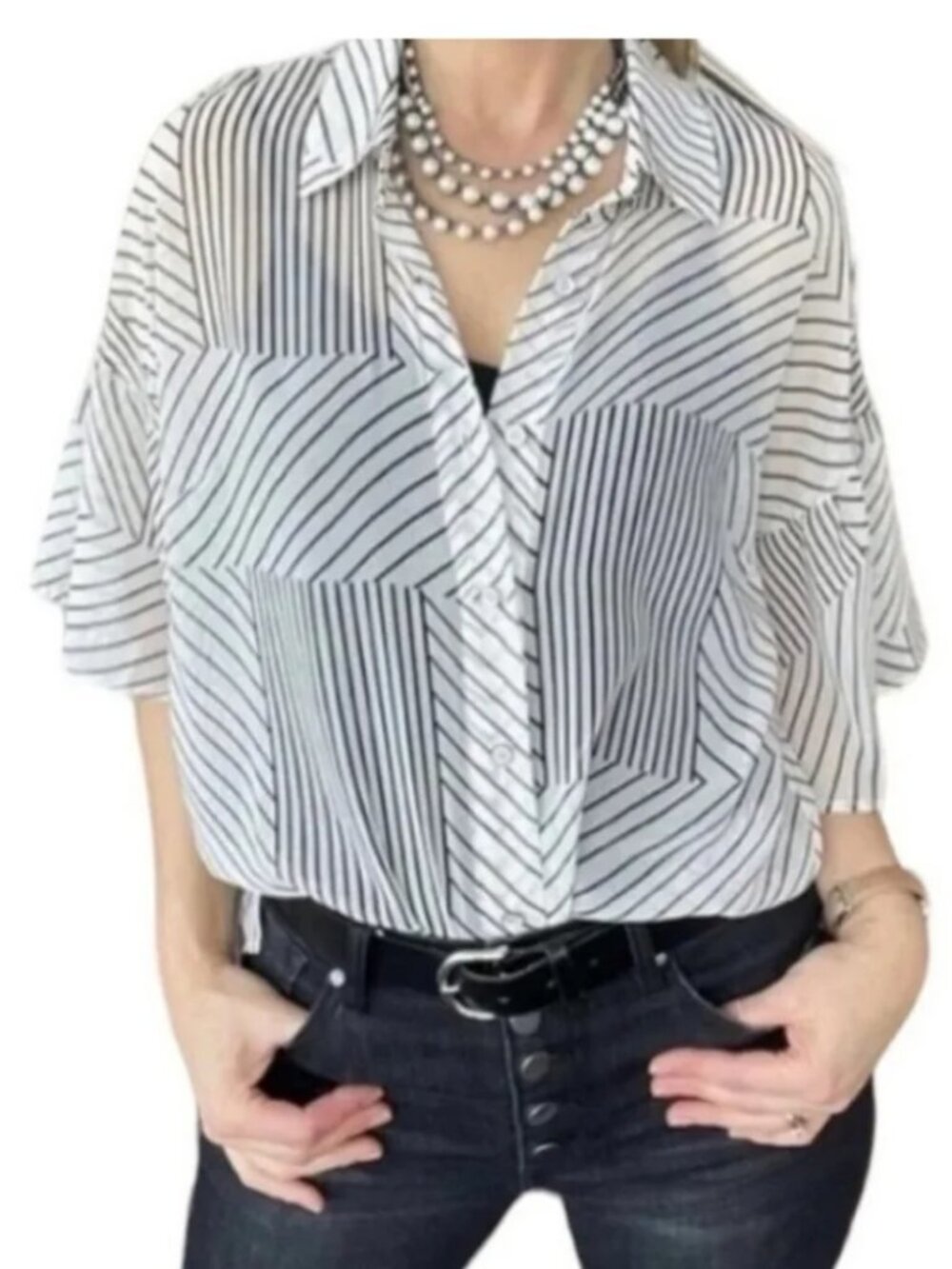 Cabi Parallel Black White Sheer Stripes Top Size Small
